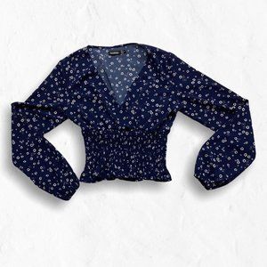 Boohoo Navy Surplice V-Neck Smock Waist Blouse